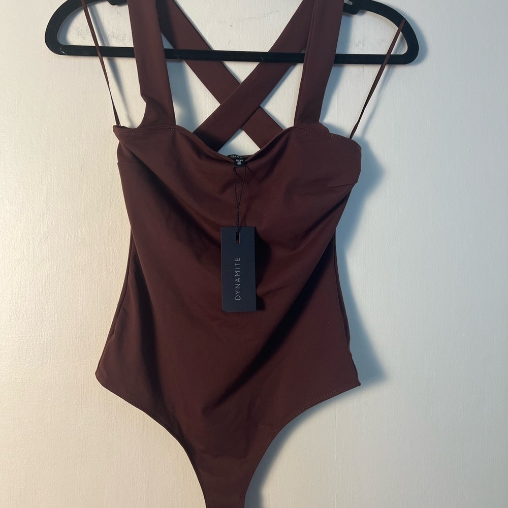 DYNAMITE Womens Square Neck Tank Bodysuit Bitter Chocolate XS Slim Fit - Picture 3 of 16